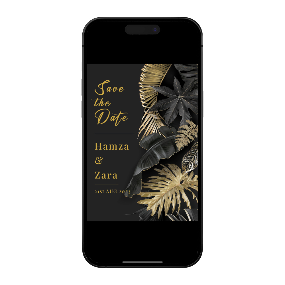 Exotic Botanical Black and Gold Digital Save the Date PDF