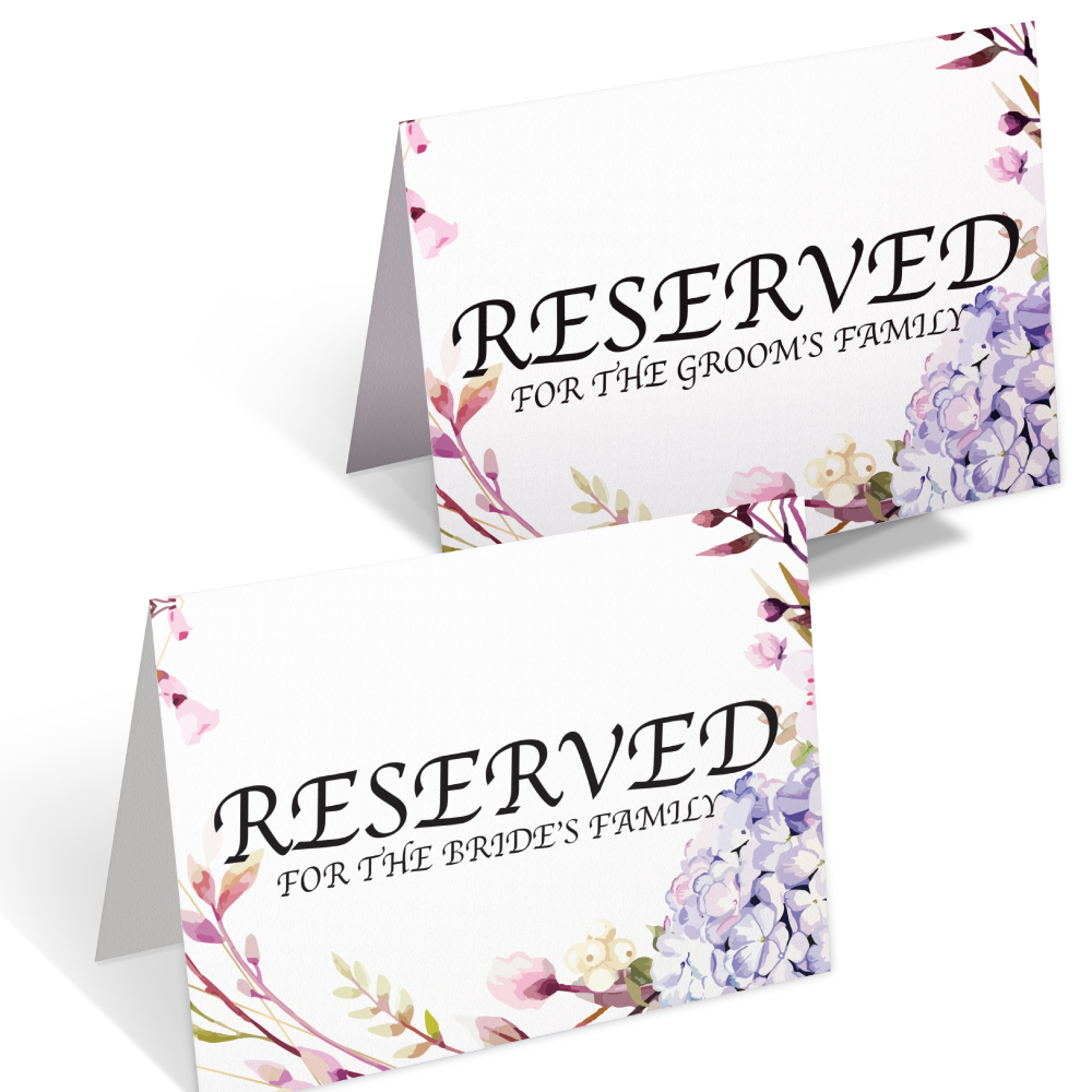 2 Reserved Purple Hydrangea Wedding Place Cards for Bride’s and Groom’s Family