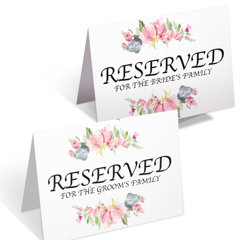 2 Reserved Watercolour Summer Wreath Wedding Place Cards for Bride’s and Groom’s Family