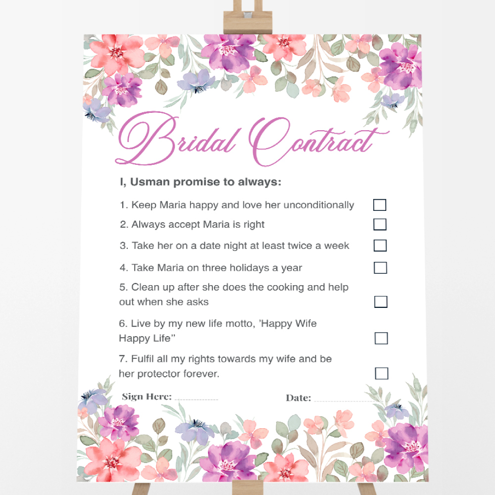 A2 Watercolour Floral Border Wedding Contract