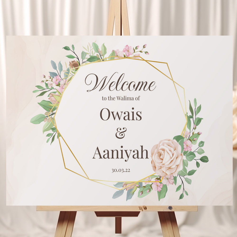 Personalised A2 Floral Hexagonal Frame Vinyl Sticker And Foamex Wedding Welcome Sign