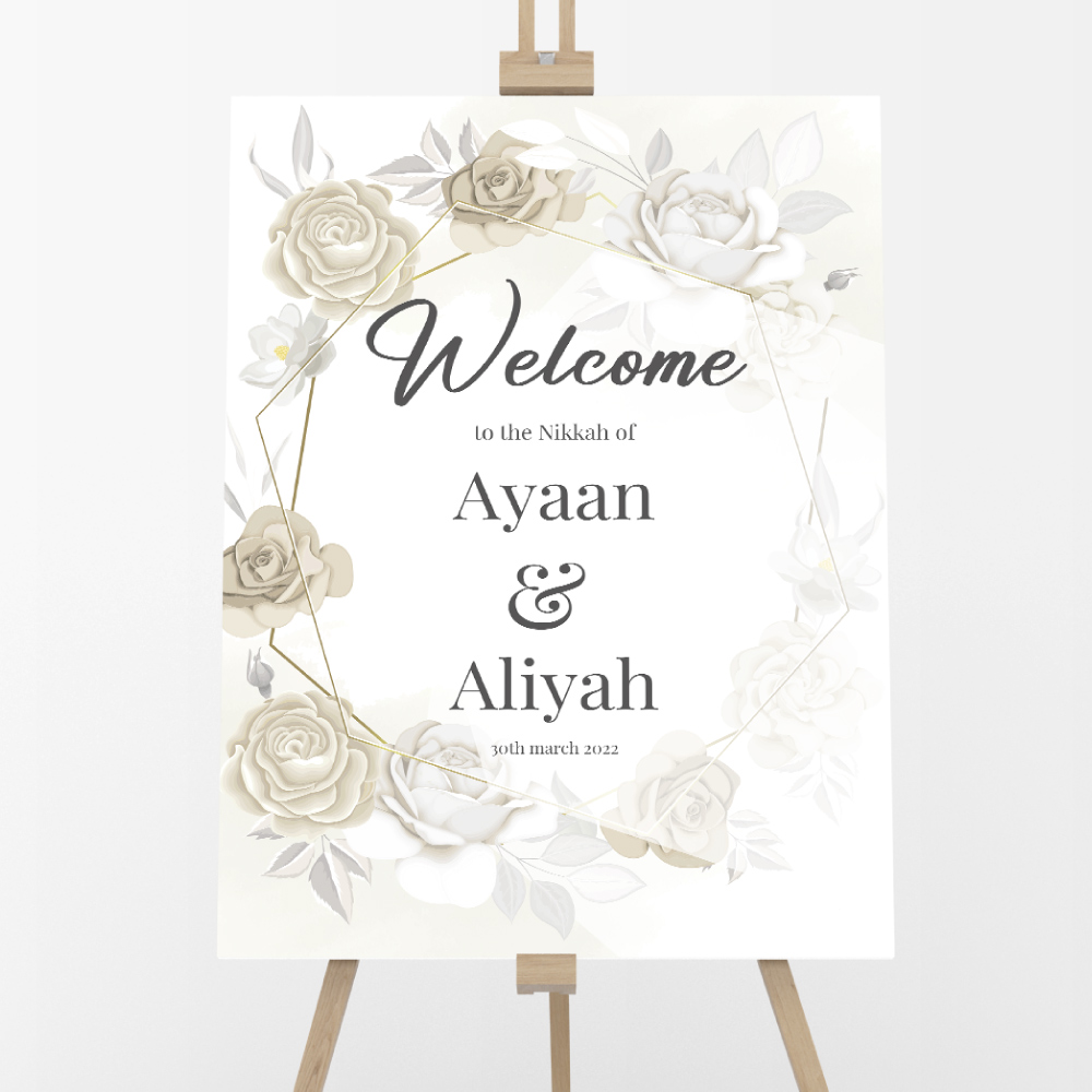 Personalised A2 White Rose Frame Vinyl Sticker And Foamex Wedding Welcome Sign