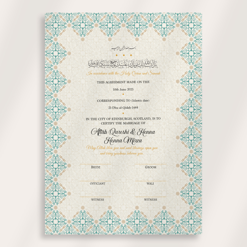 Traditional Pastel Turquoise and Gold Ottoman Border Nikkahnama