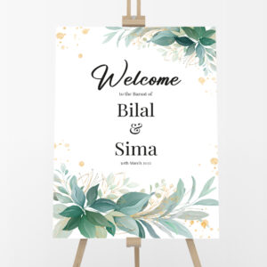 Personalised A2 Green and Gold Foliage Vinyl Sticker And Foamex Wedding Welcome Sign