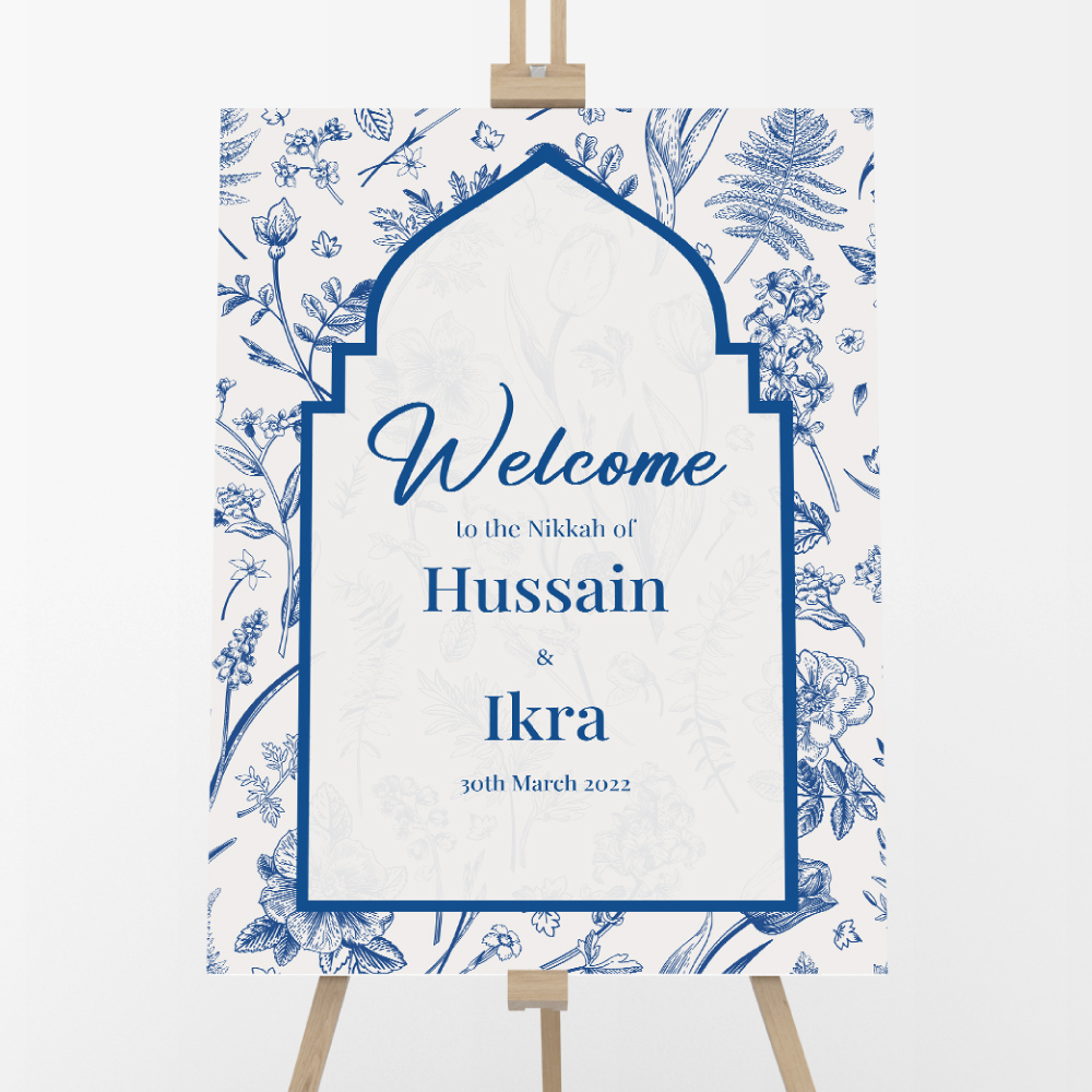 Personalised A2 Vintage Blue Botanical Arch Vinyl Sticker And Foamex Wedding Welcome Sign