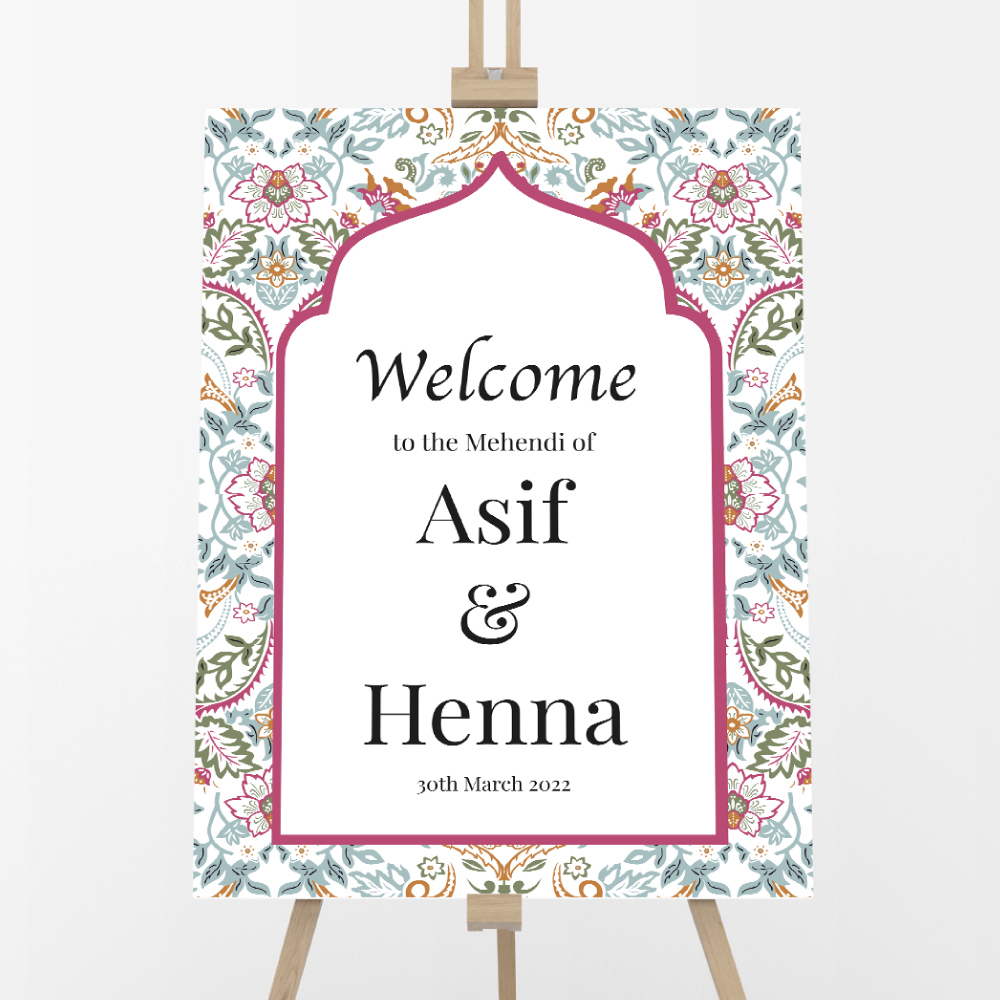 Personalised A2 Turquoise and Pink Floral Arch Vinyl Sticker And Foamex Wedding Welcome Sign