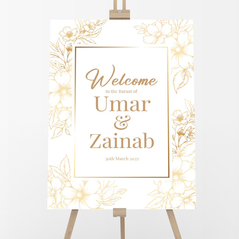 Personalised A2 Golden Flower Border Frame Vinyl Sticker And Foamex Wedding Welcome Sign