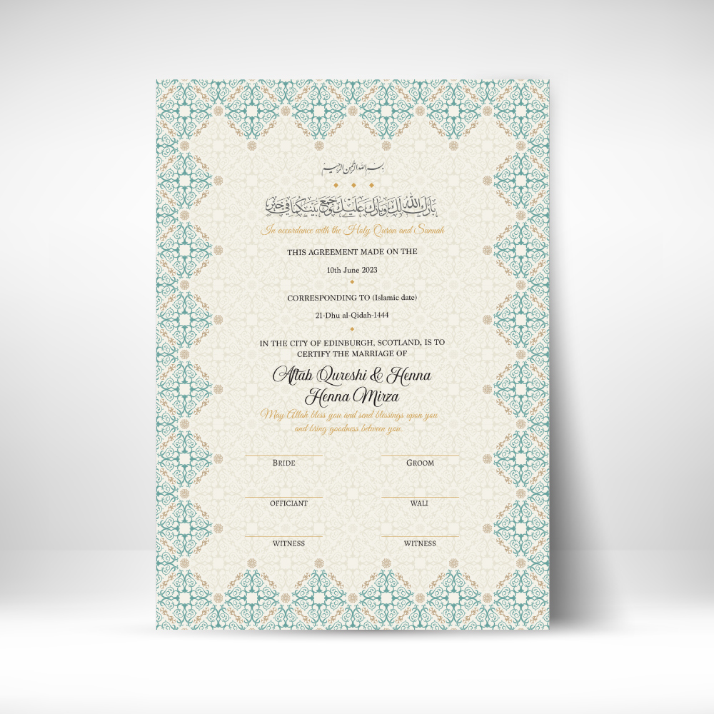 Traditional Pastel Turquoise and Gold Ottoman Border Nikkahnama