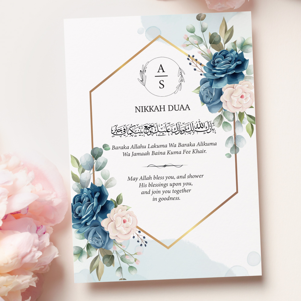 A6 Hexagonal Blue Flower Nikkah Duaa Cards