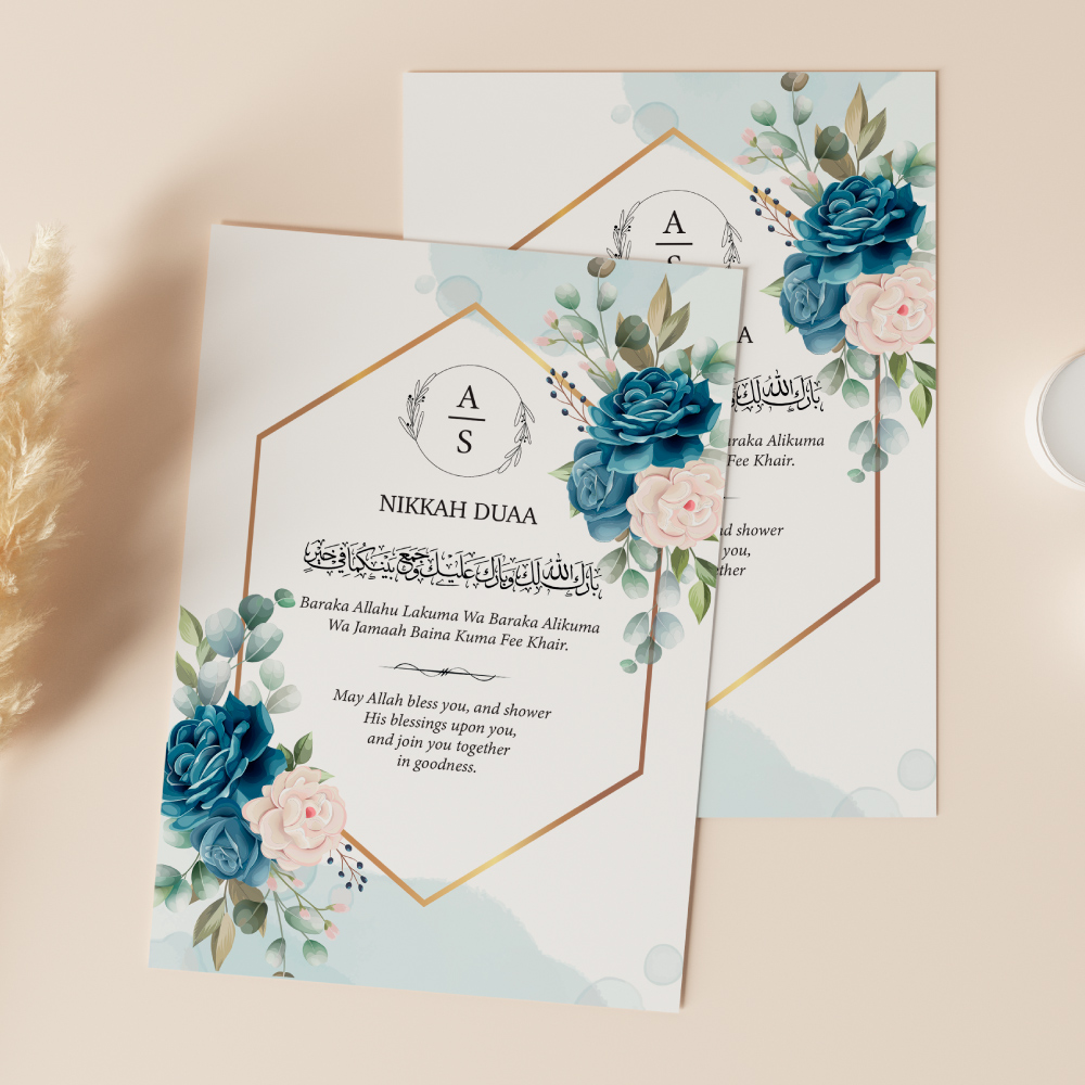 A6 Hexagonal Blue Flower Nikkah Duaa Cards 2