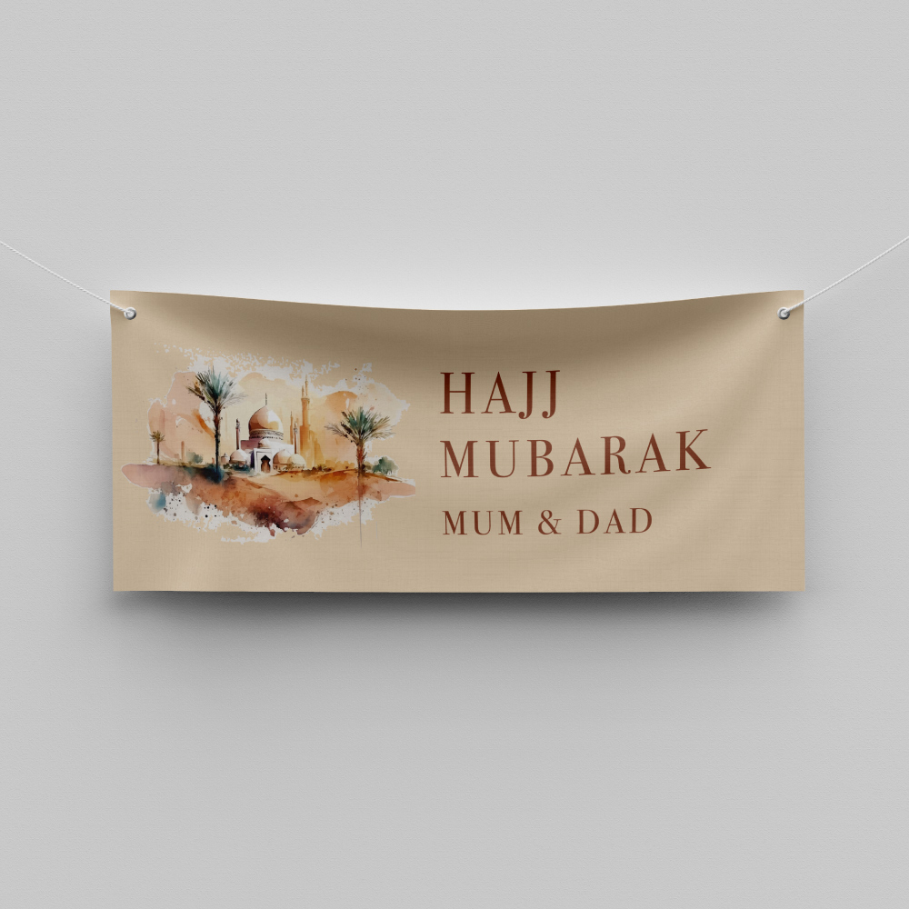 Personalised Hajj Mubarak Banner | Umrah Mubarak Banner | Mosque Painting | PVC Banner | With Two Eyelets 4