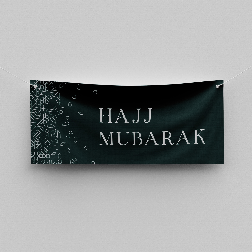 Personalised Hajj Mubarak Banner | Personalised Umrah Mubarak Banner | Green Abstract Print | PVC Banner | With Two Eyelets 5