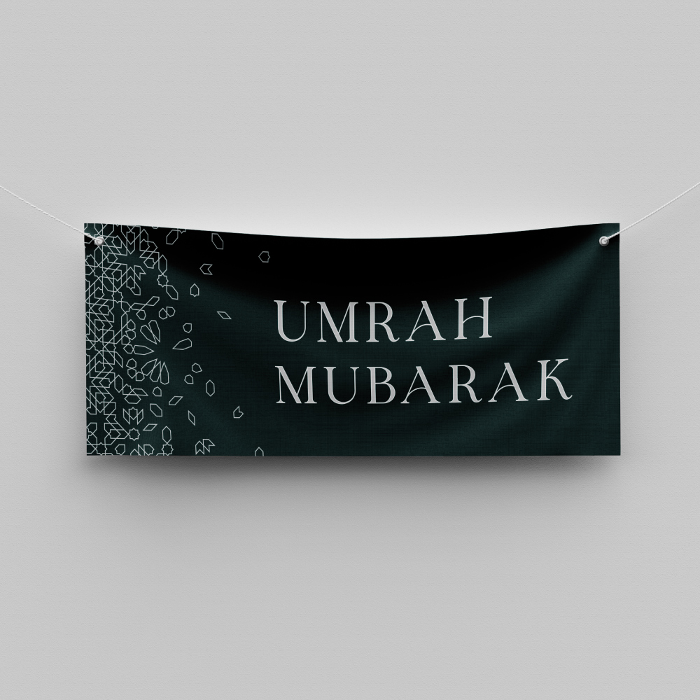 Personalised Hajj Mubarak Banner | Personalised Umrah Mubarak Banner | Green Abstract Print | PVC Banner | With Two Eyelets 3