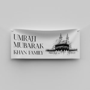 Artistic Kabah Sketch Personalised Hajj & Umrah Mubarak Banner | PVC Banner | With Two Eyelets