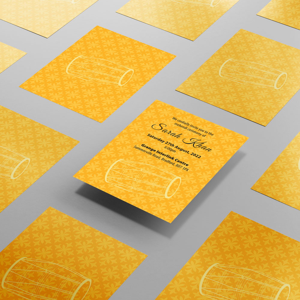 Mehendi Yellow Dholki Wedding Invitation | 350 GSM Paper Shaadi Invitation (No Envelope) 3