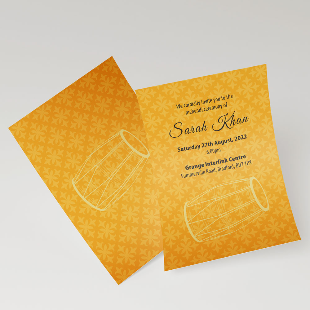 Mehendi Yellow Dholki Wedding Invitation | 350 GSM Paper Shaadi Invitation (No Envelope)