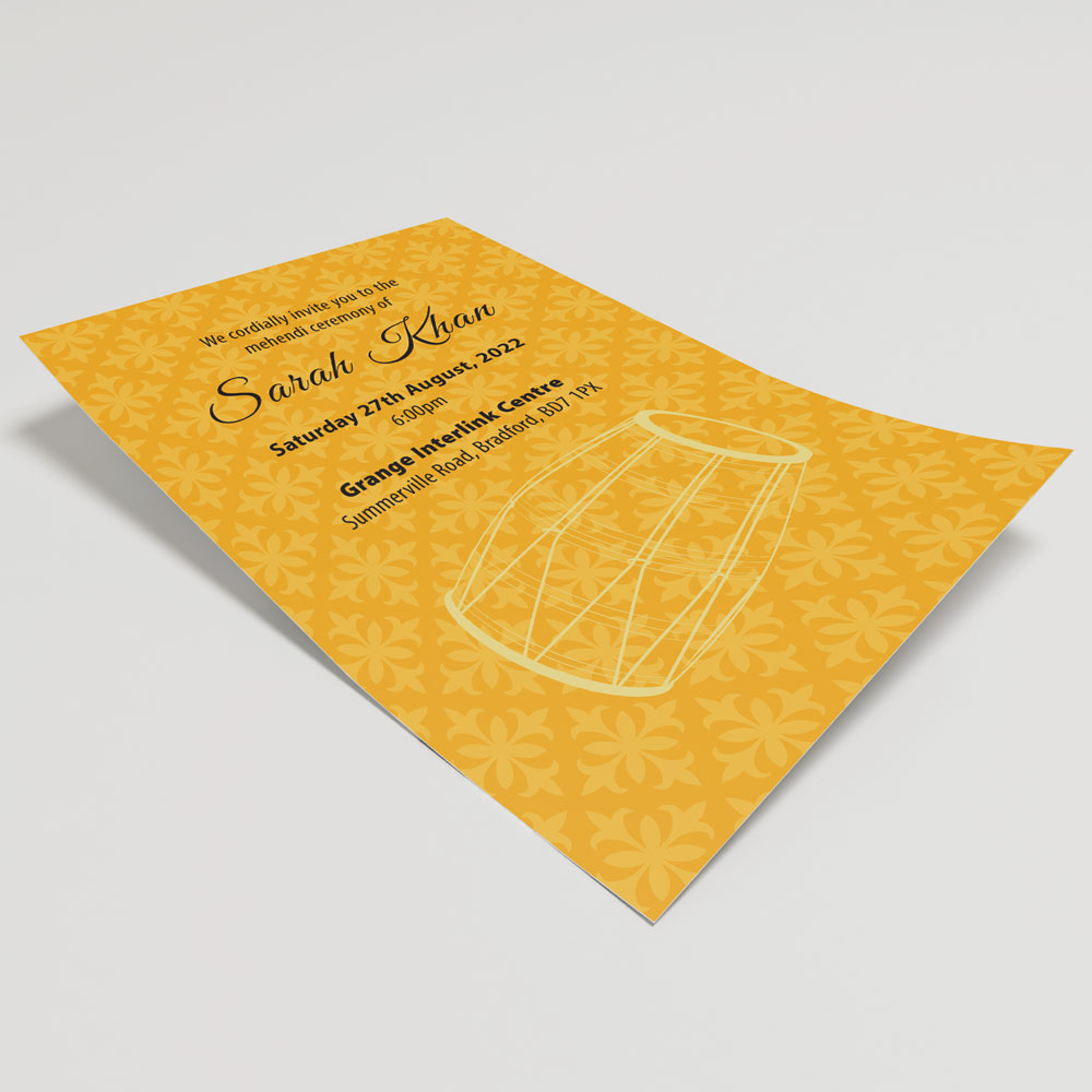 Mehendi Yellow Dholki Wedding Invitation | 350 GSM Paper Shaadi Invitation (No Envelope) 4