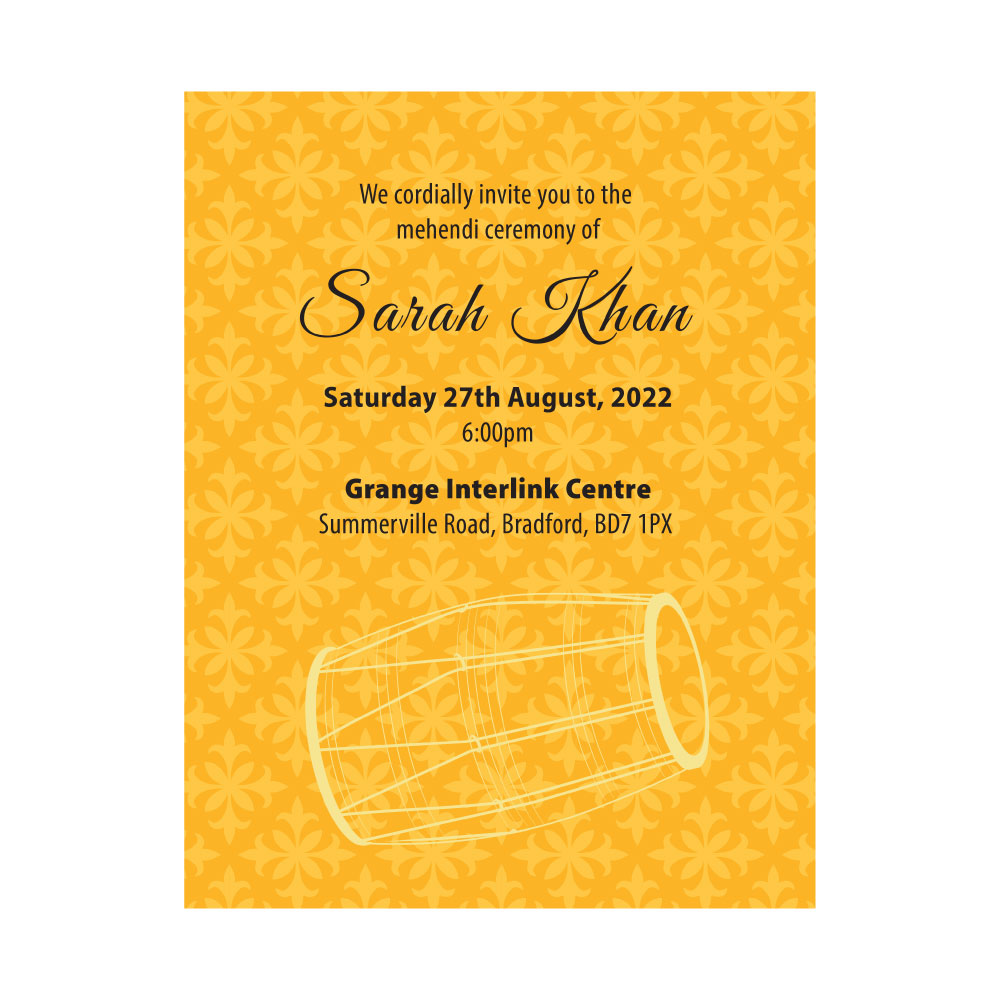 Mehendi Yellow Dholki Wedding Invitation | 350 GSM Paper Shaadi Invitation (No Envelope) 5