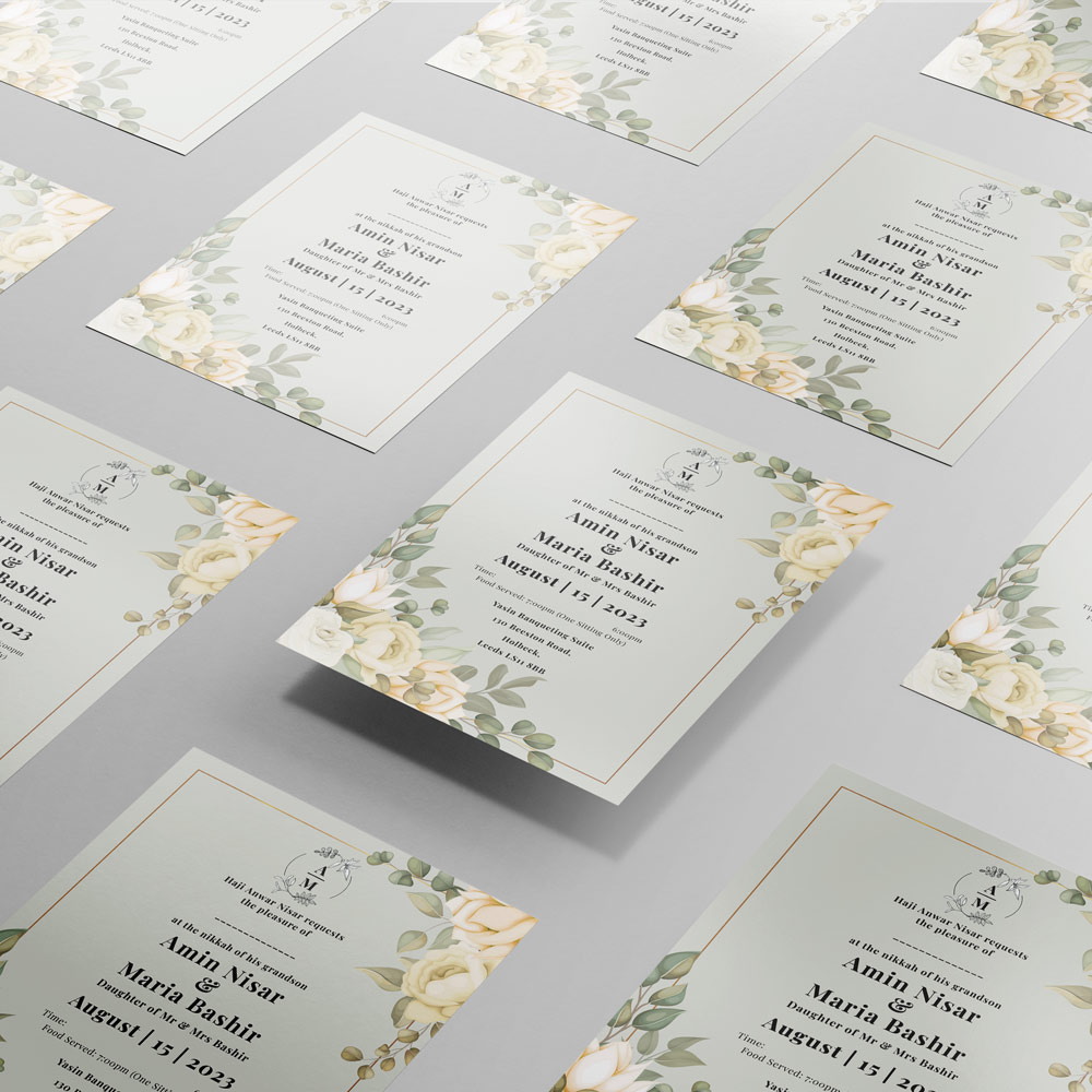 White Roses & Green Leaves Wedding Invitation | 350 GSM Paper Shaadi Invitation & Envelope 3