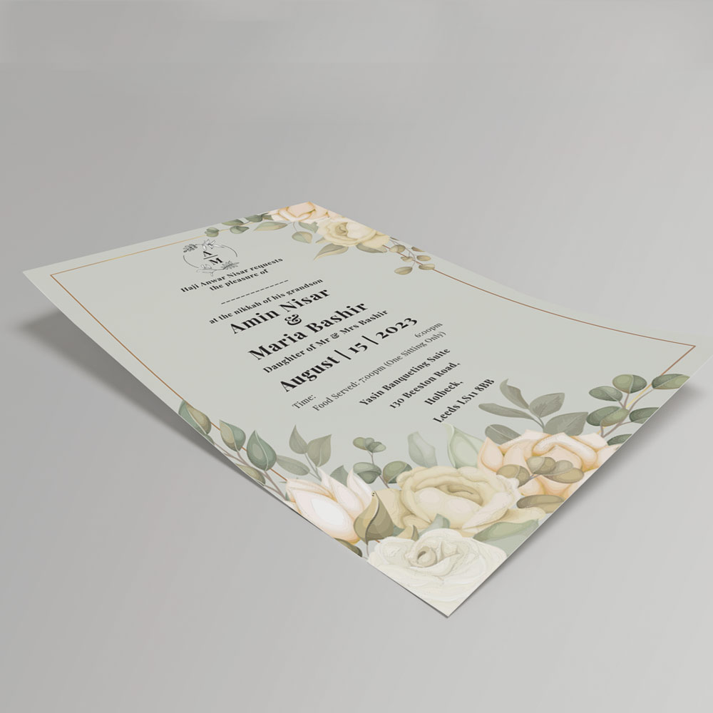 White Roses & Green Leaves Wedding Invitation | 350 GSM Paper Shaadi Invitation & Envelope 4