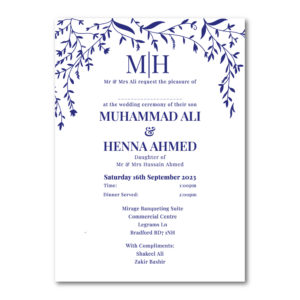 Blue Leaf Wedding Invitation | 350 GSM Paper Shaadi Invitation & Envelope