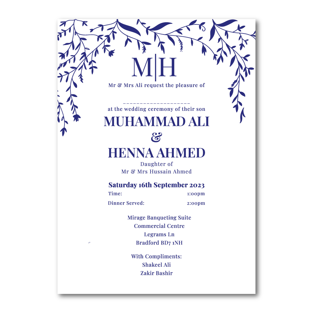 Blue Leaf Wedding Invitation | 350 GSM Paper Shaadi Invitation & Envelope