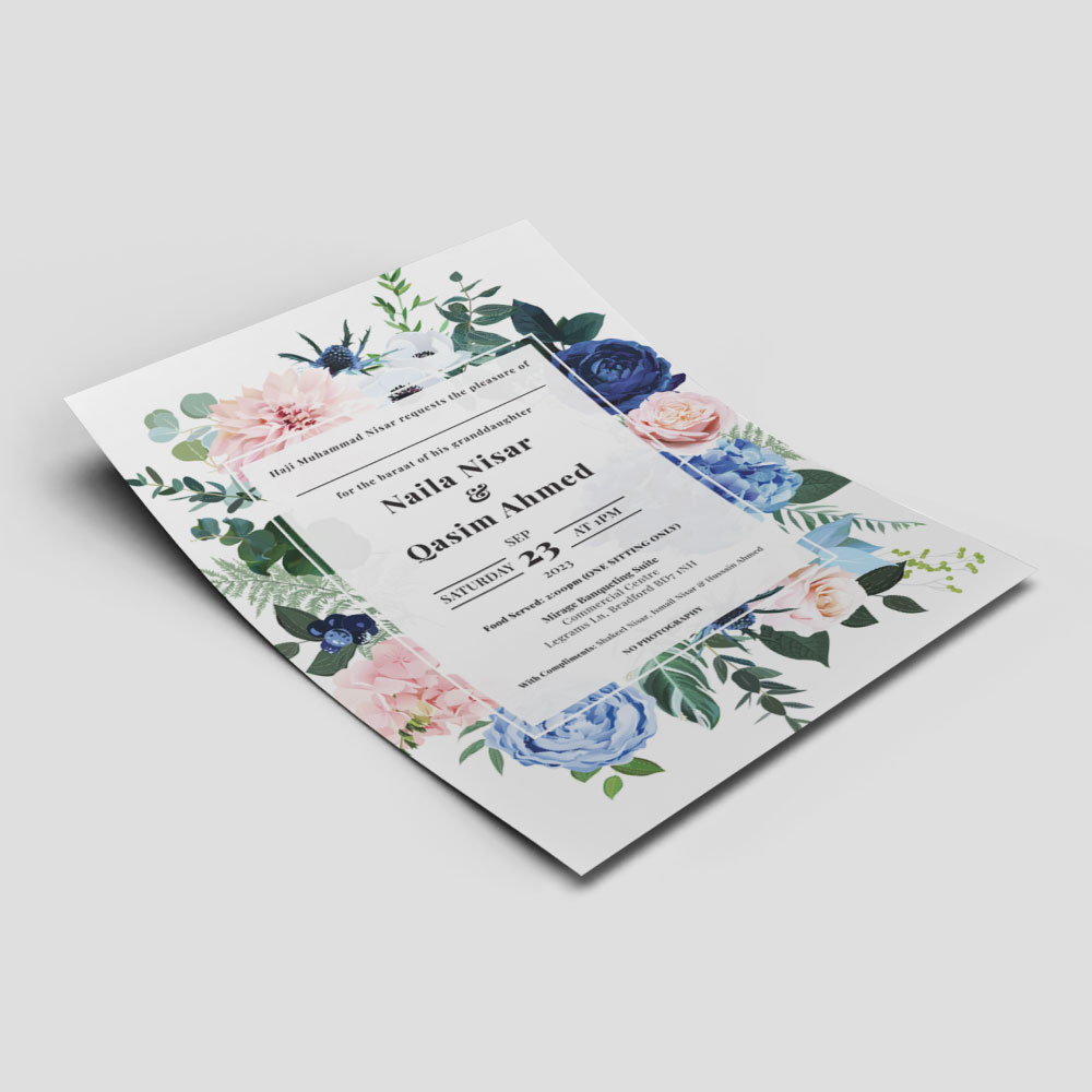 Classic Blue And Blush Pink Bouquet Wedding Invitation | 350 GSM Paper Shaadi Invitation & Envelope 4