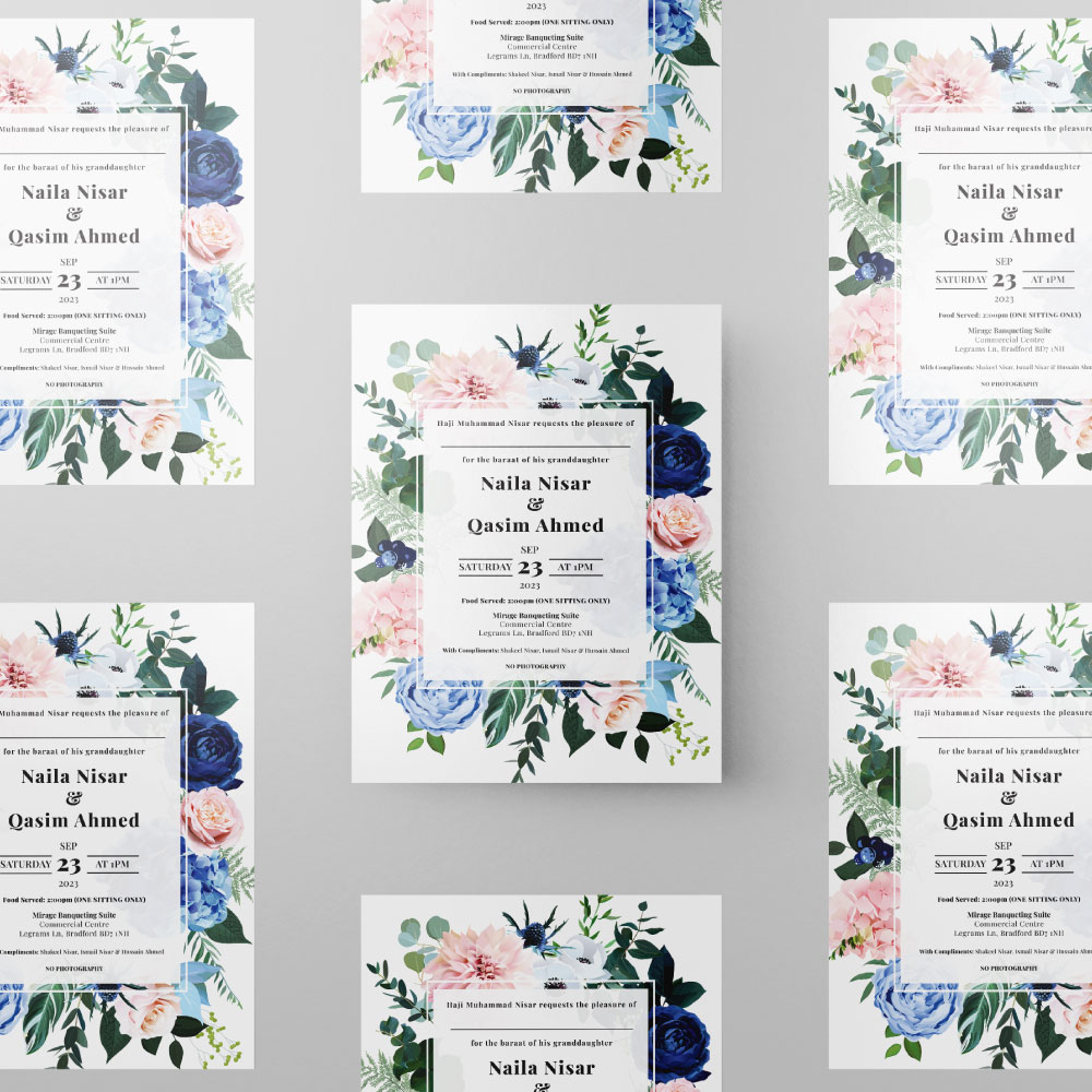 Classic Blue And Blush Pink Bouquet Wedding Invitation | 350 GSM Paper Shaadi Invitation & Envelope 2