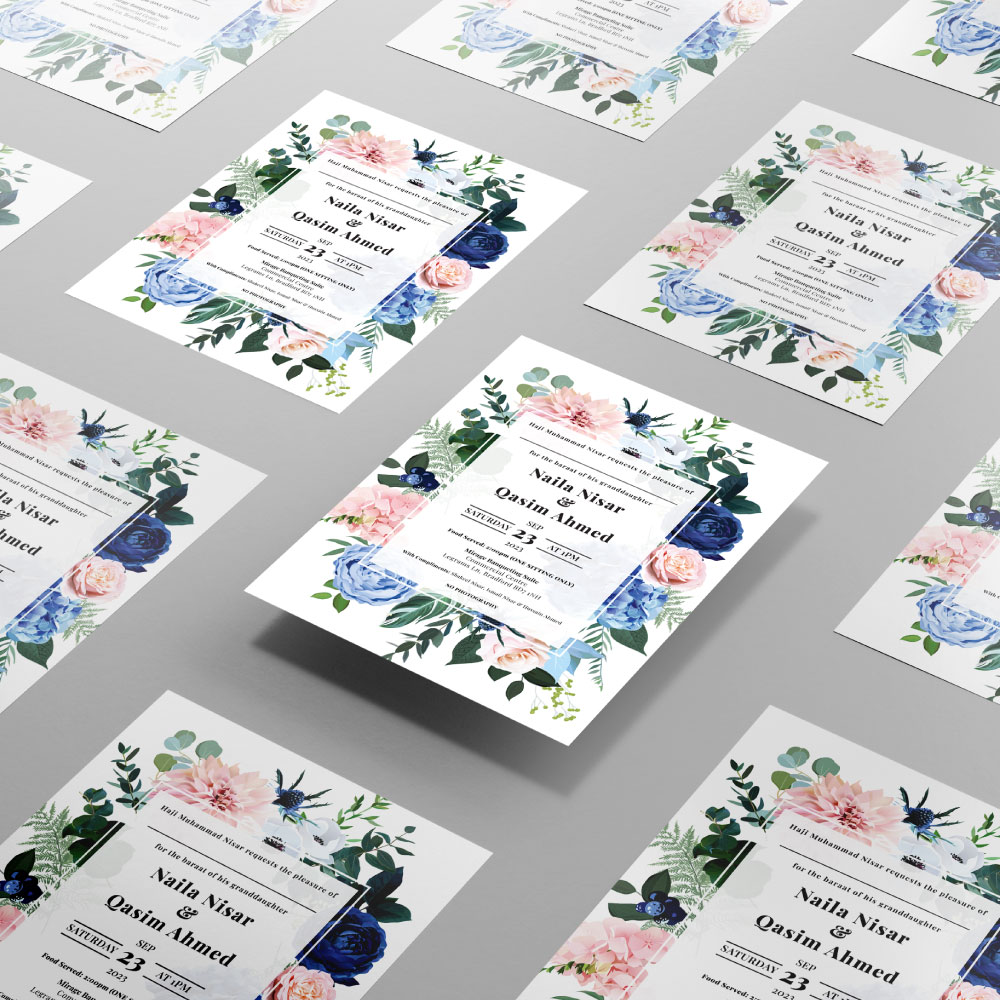 Classic Blue And Blush Pink Bouquet Wedding Invitation | 350 GSM Paper Shaadi Invitation & Envelope 3