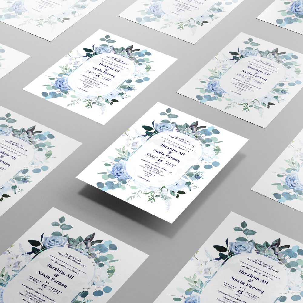 Perwinkle Blue Oval Rose Frame Wedding Invitation | 350 GSM Paper Shaadi Invitation & Envelope 3