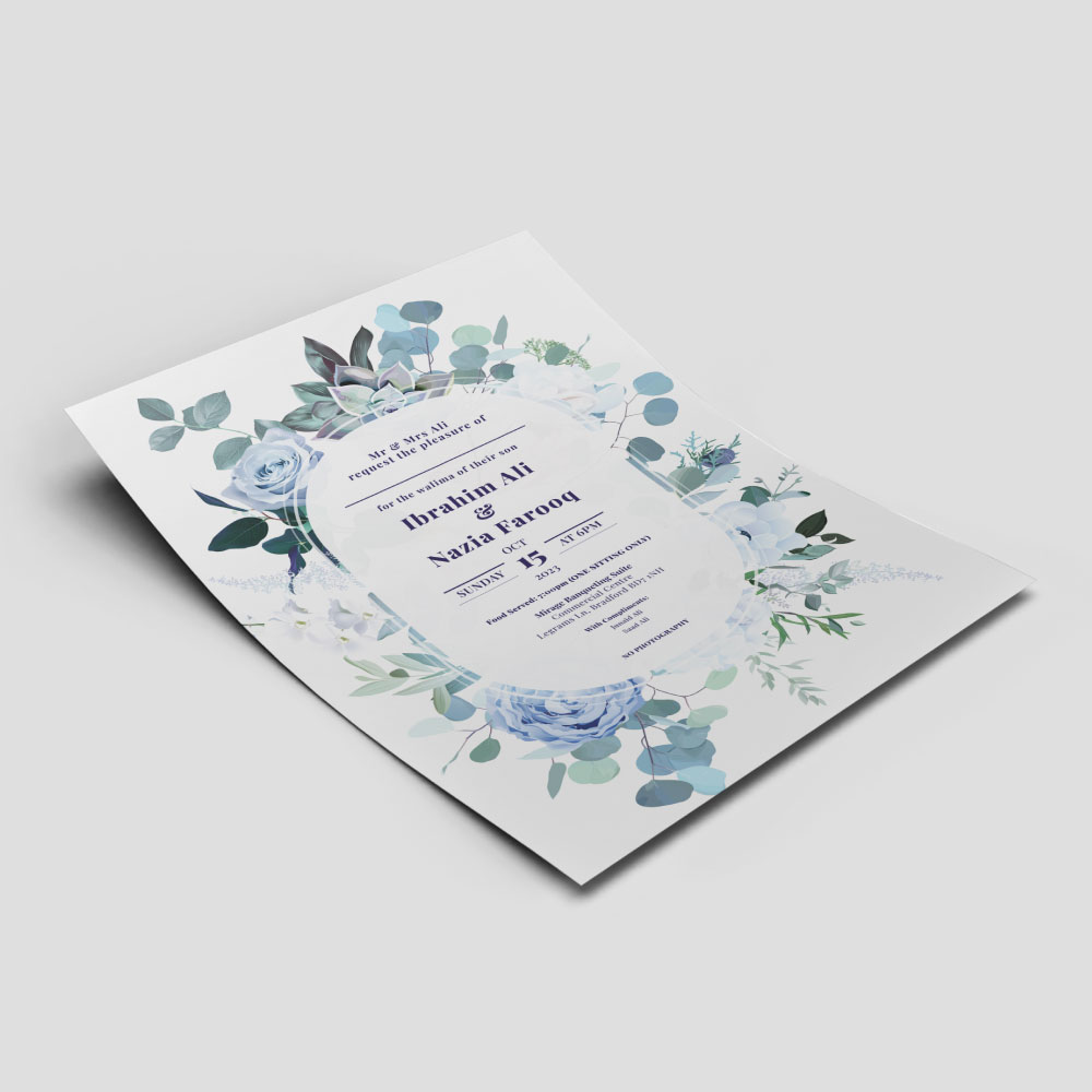 Perwinkle Blue Oval Rose Frame Wedding Invitation | 350 GSM Paper Shaadi Invitation & Envelope 4