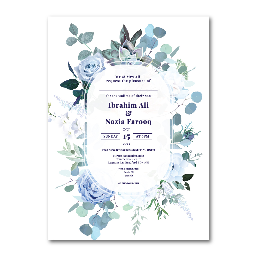 Perwinkle Blue Oval Rose Frame Wedding Invitation | 350 GSM Paper Shaadi Invitation & Envelope