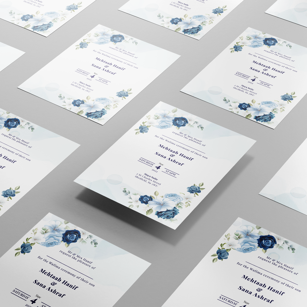 Blue Flower Border Wedding Invitation | 350 GSM Paper Shaadi Invitation & Envelope 3