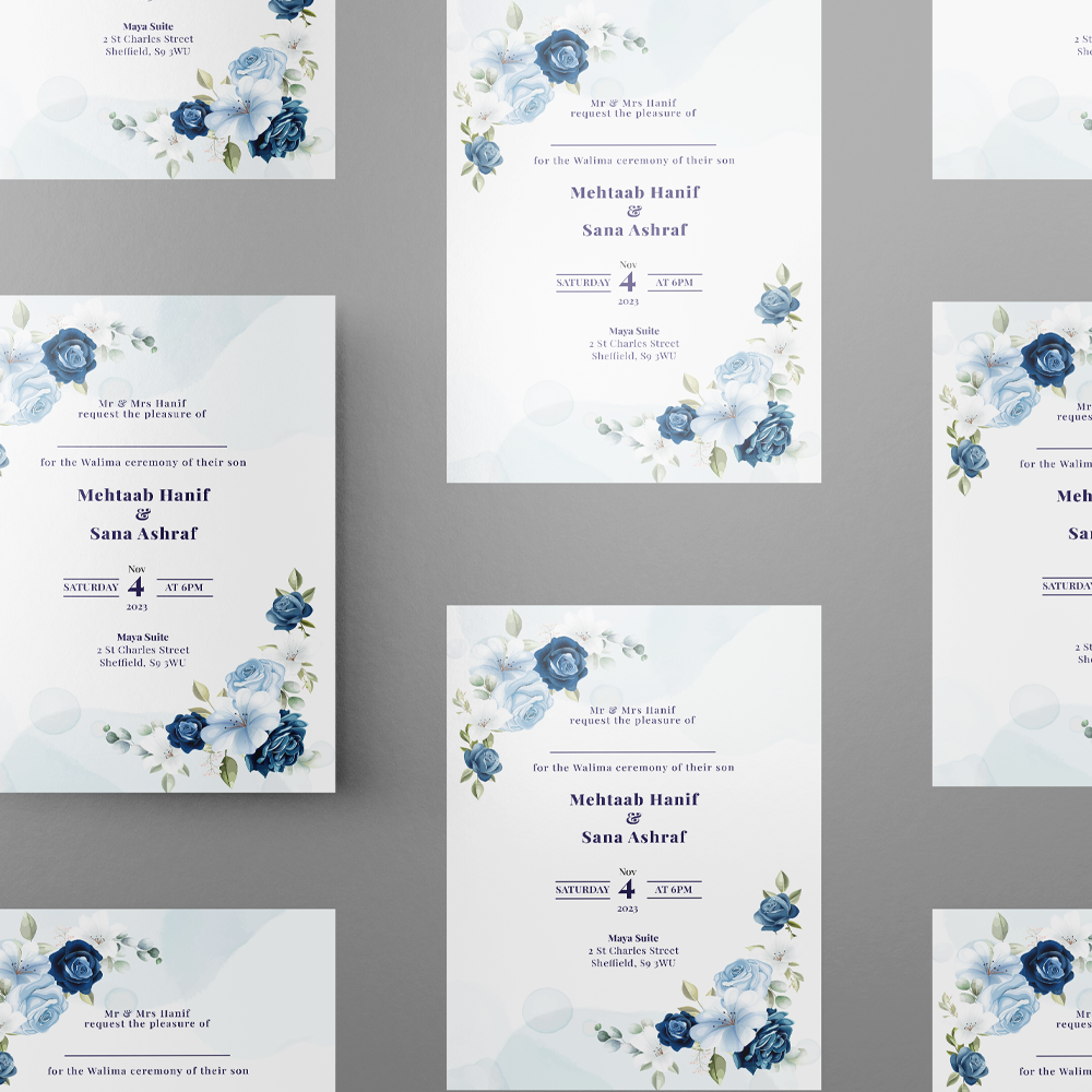 Blue Flower Border Wedding Invitation | 350 GSM Paper Shaadi Invitation & Envelope 2