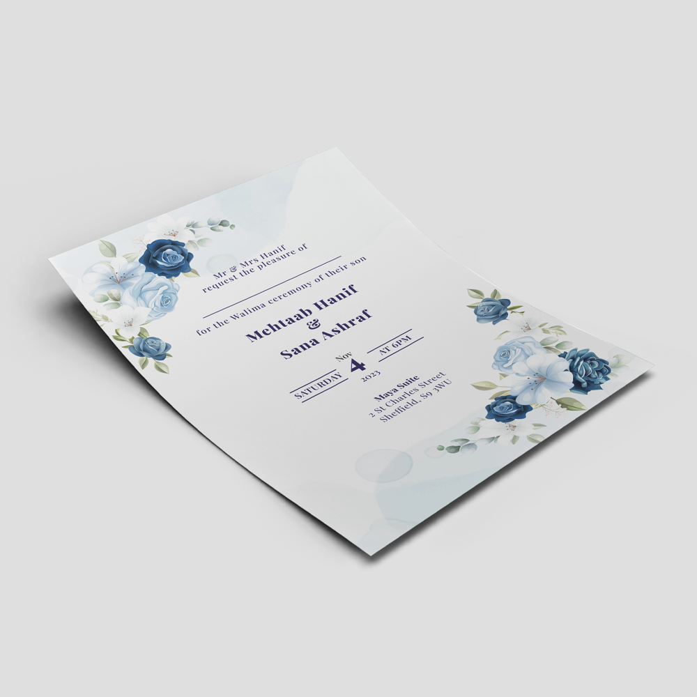 Blue Flower Border Wedding Invitation | 350 GSM Paper Shaadi Invitation & Envelope 4