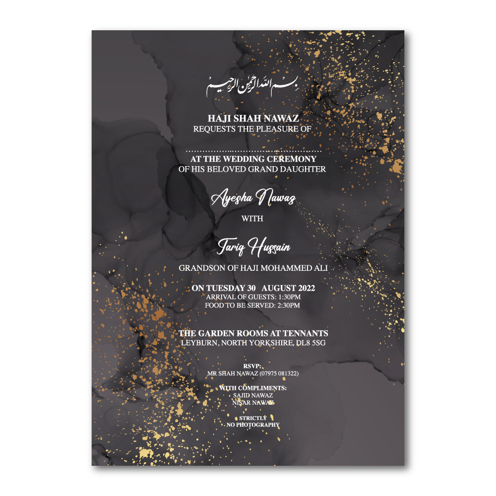 Black Ink and Golden Dust Wedding Invitation | 350 GSM Paper Shaadi Invitation & Envelope