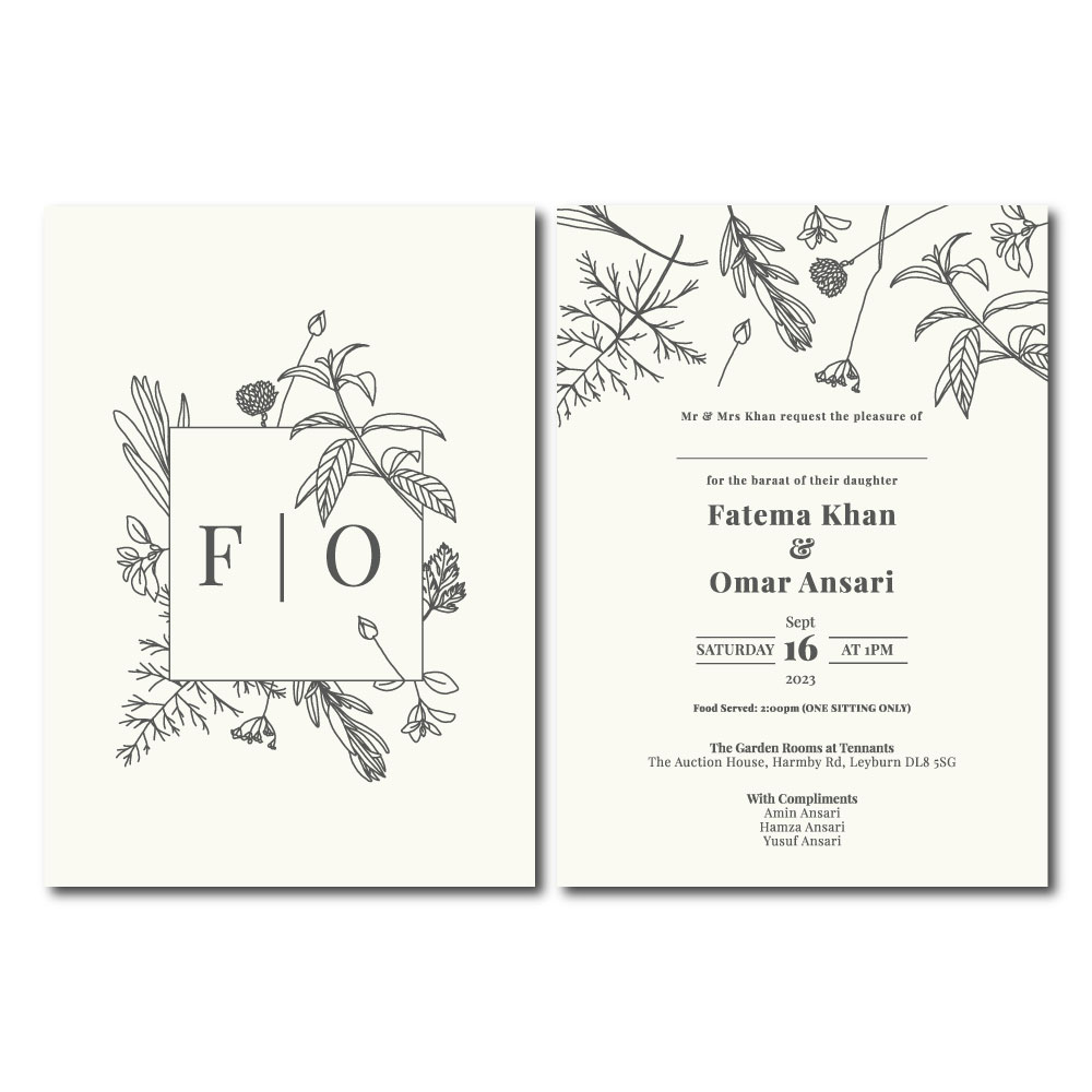 Floral Black Line Art Double Sided Wedding Invitation | 350 GSM Paper Shaadi Invitation & Envelope