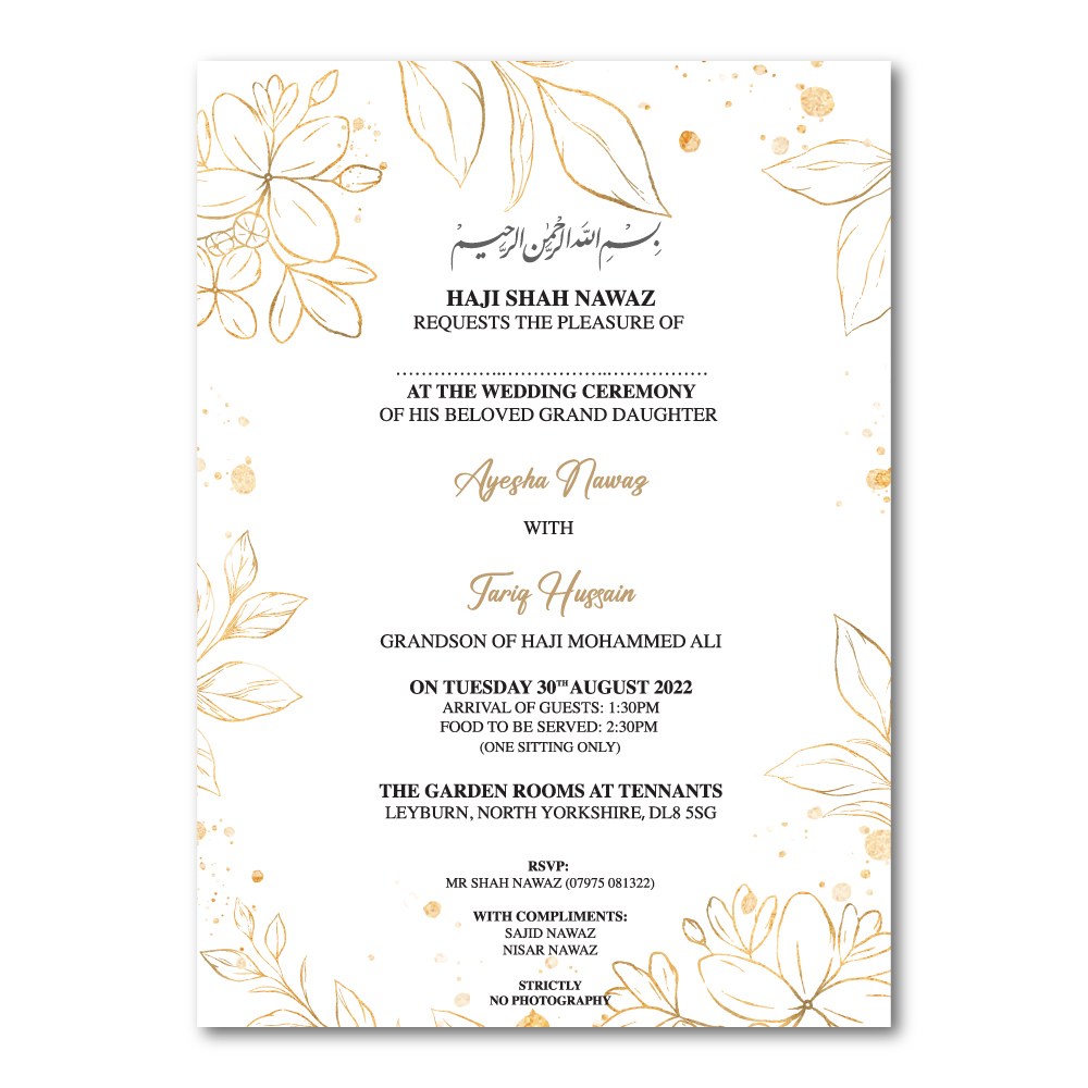 Golden Floral Border Wedding Invitation | 350 GSM Paper Shaadi Invitation & Envelope