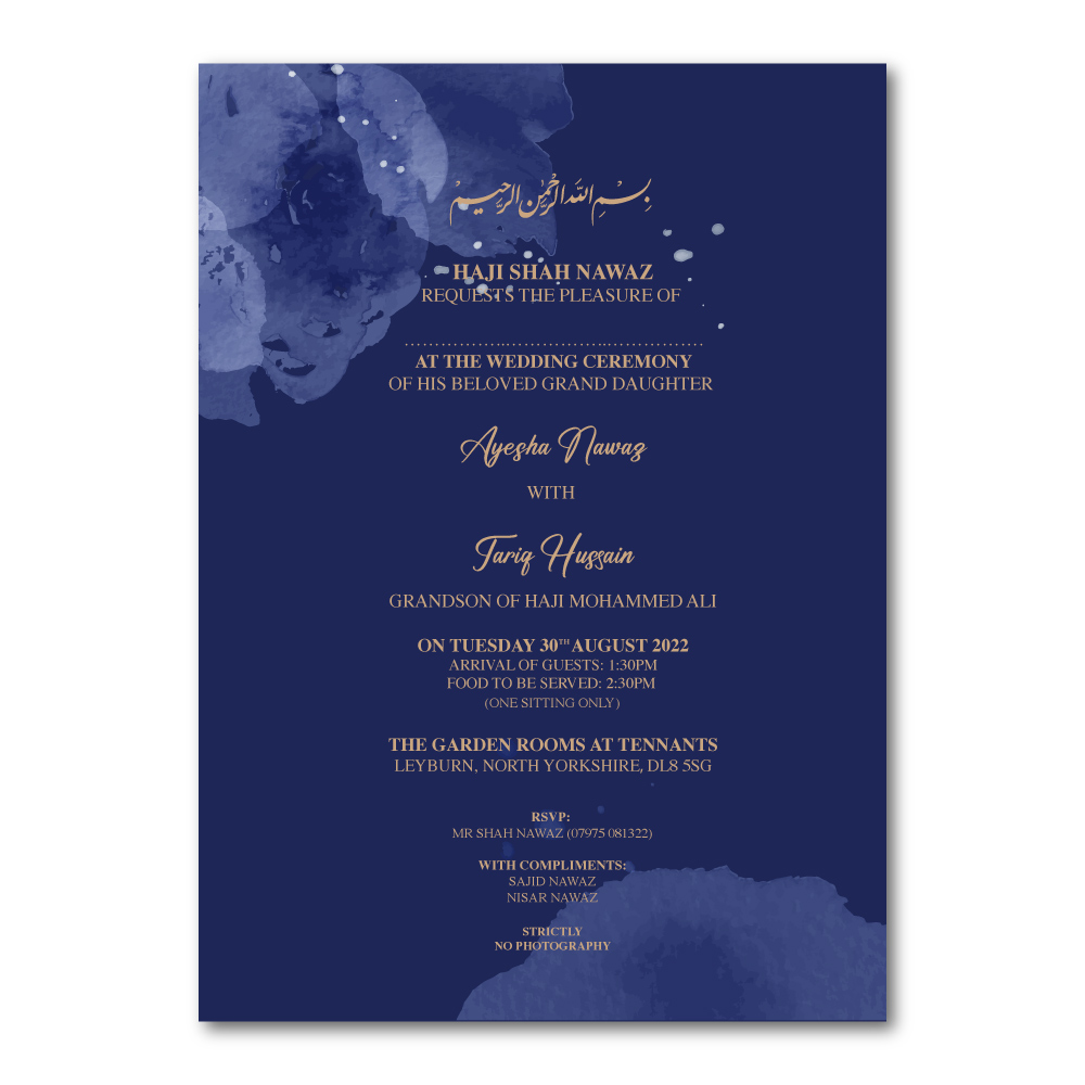 Midnight Blue Wedding Invitation | 350 GSM Paper Shaadi Invitation & Envelope