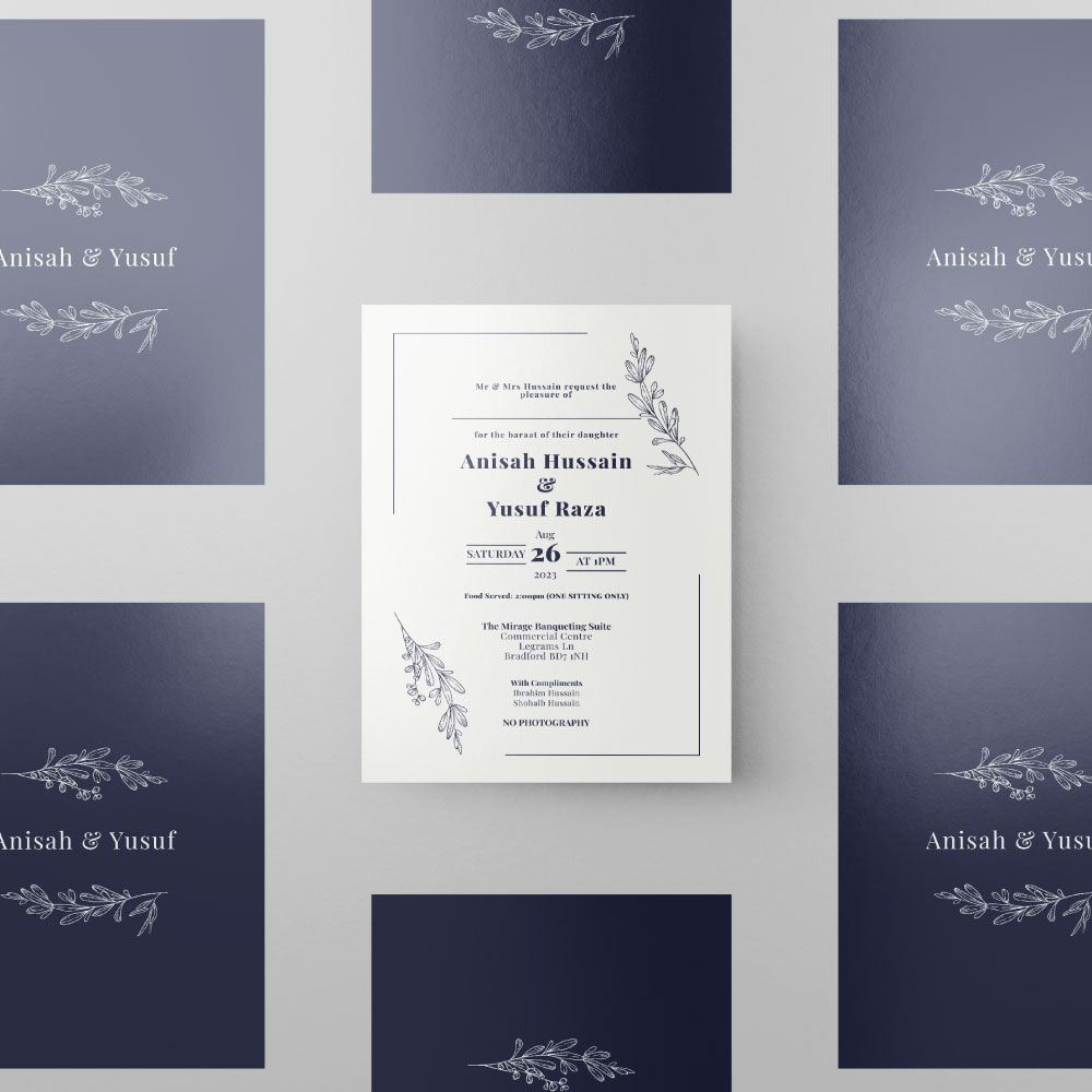 Minimalist Blue Line Art Floral Double Sided Wedding Invitation | 350 GSM Paper Shaadi Invitation & Envelope 2