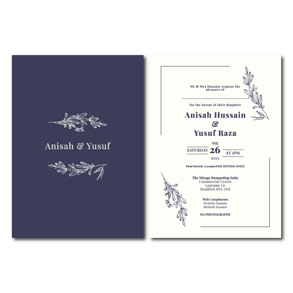 Minimalist Blue Line Art Floral Double Sided Wedding Invitation | 350 GSM Paper Shaadi Invitation & Envelope