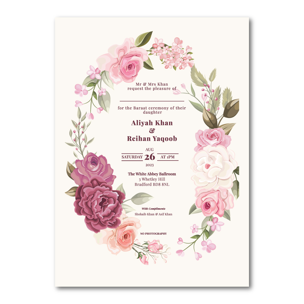 Oval Floral Frame Wedding Invitation | 350 GSM Paper Shaadi Invitation & Envelope