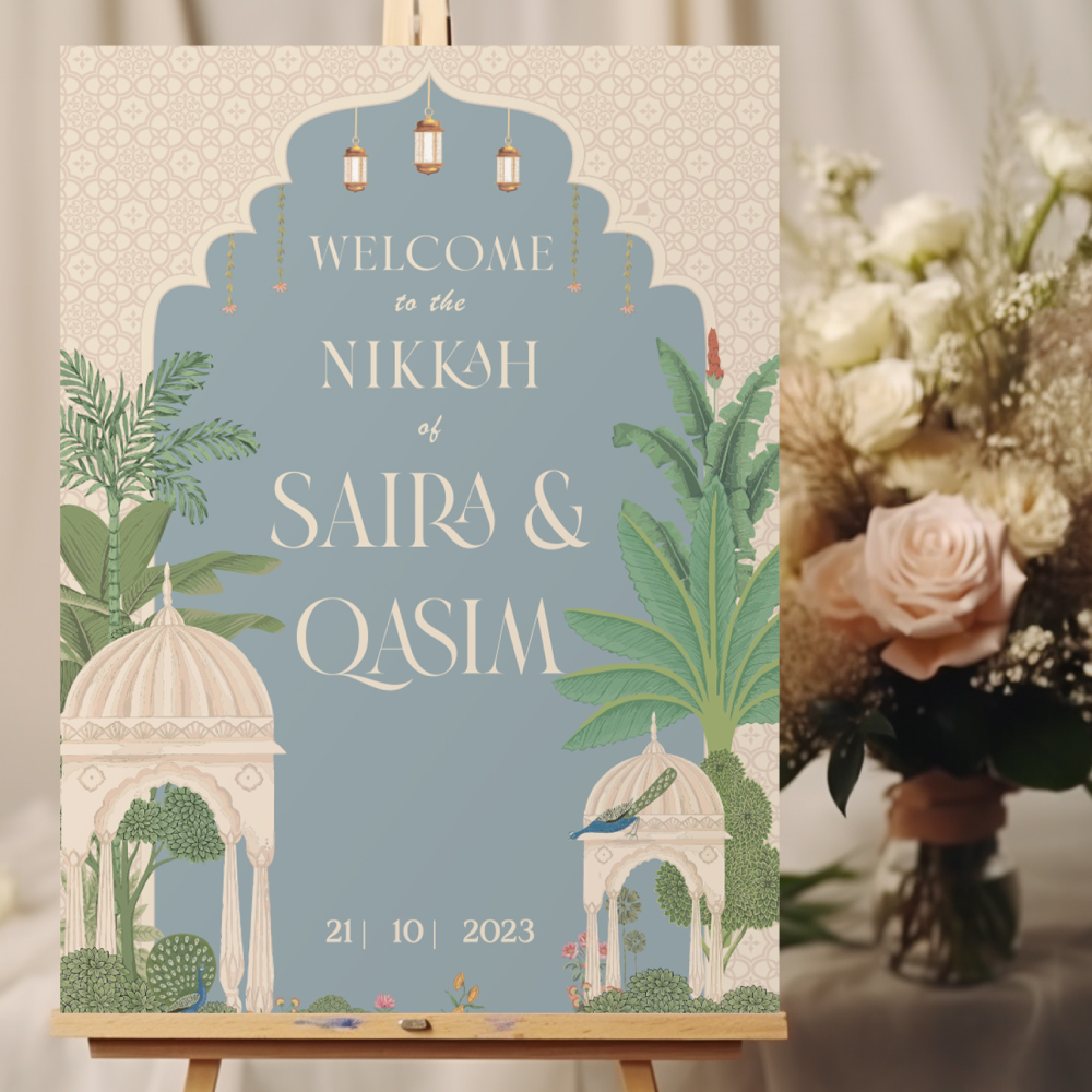 Personalised Wedding Welcome Sign | A2 Mughal Wedding Garden Vinyl Sticker And Foamex Wedding Welcome Board