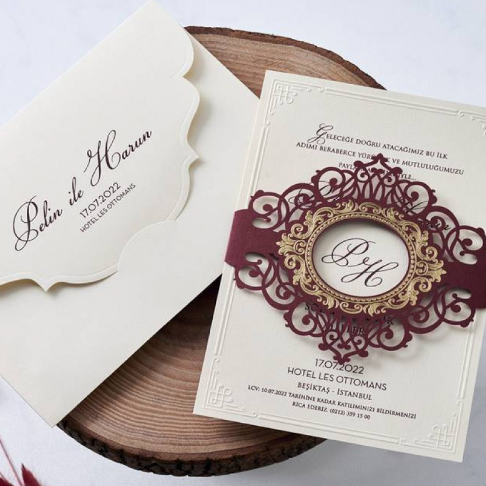 Burgundy and Ivory Laser Cut Wedding Invitation with Envelope | Shaadi Invitation