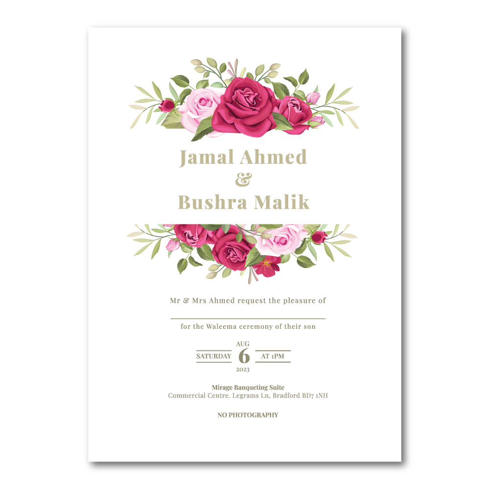 Hot Pink Roses Wedding Invitation | 350 GSM Paper Shaadi Invitation & Envelope