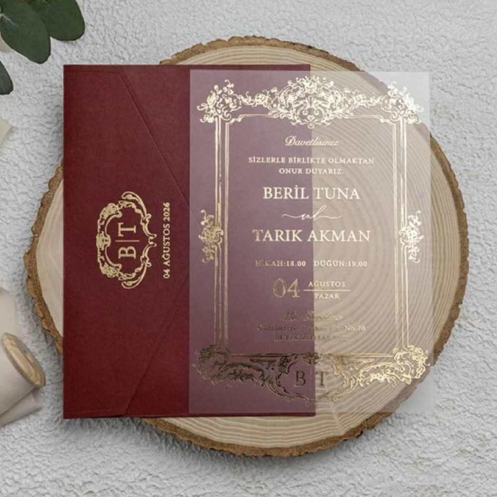 Vintage Luxury Border Gold Foil PVC Wedding Invitation with Burgundy Envelope | Shaadi Invitation