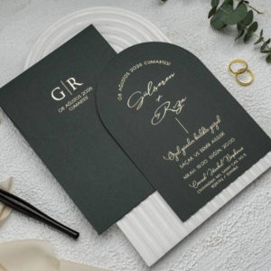 Green Oval Cut Gold Foiled Wedding Invitation with Envelope | Shaadi Invitation