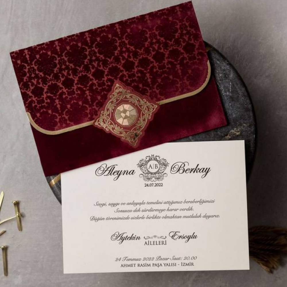 Burgundy Velvet Wedding Invitation and Envelope