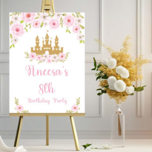 A2 Pink Floral Castle Welcome Sign | Vinyl Sticker And Foamex Welcome Sign