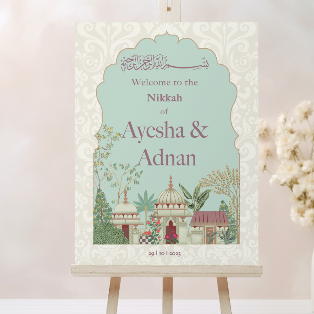 Personalised Wedding Welcome Sign | A2 Islamic Mughal Garden Vinyl Sticker And Foamex Wedding Welcome Board 2